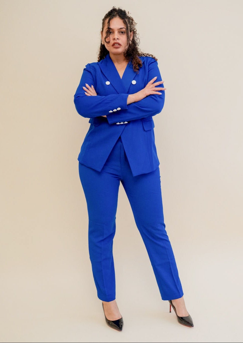 Royal Blue Double Breasted 2-Piece Trouser Suit Professional Fit – front view, worn by a model