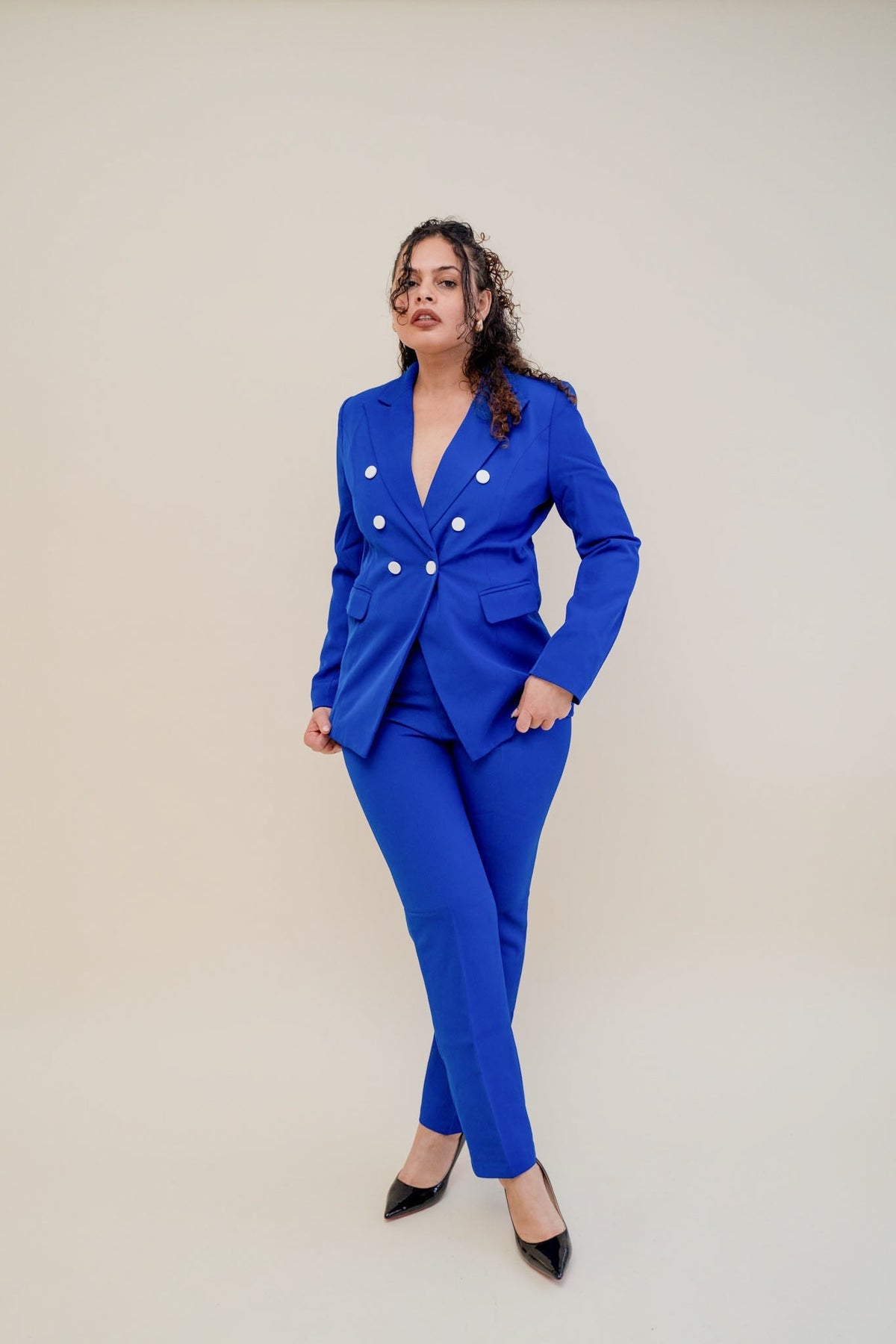 Royal Blue Double Breasted 2-Piece Trouser Suit Professional Fit – another front view, worn by a model