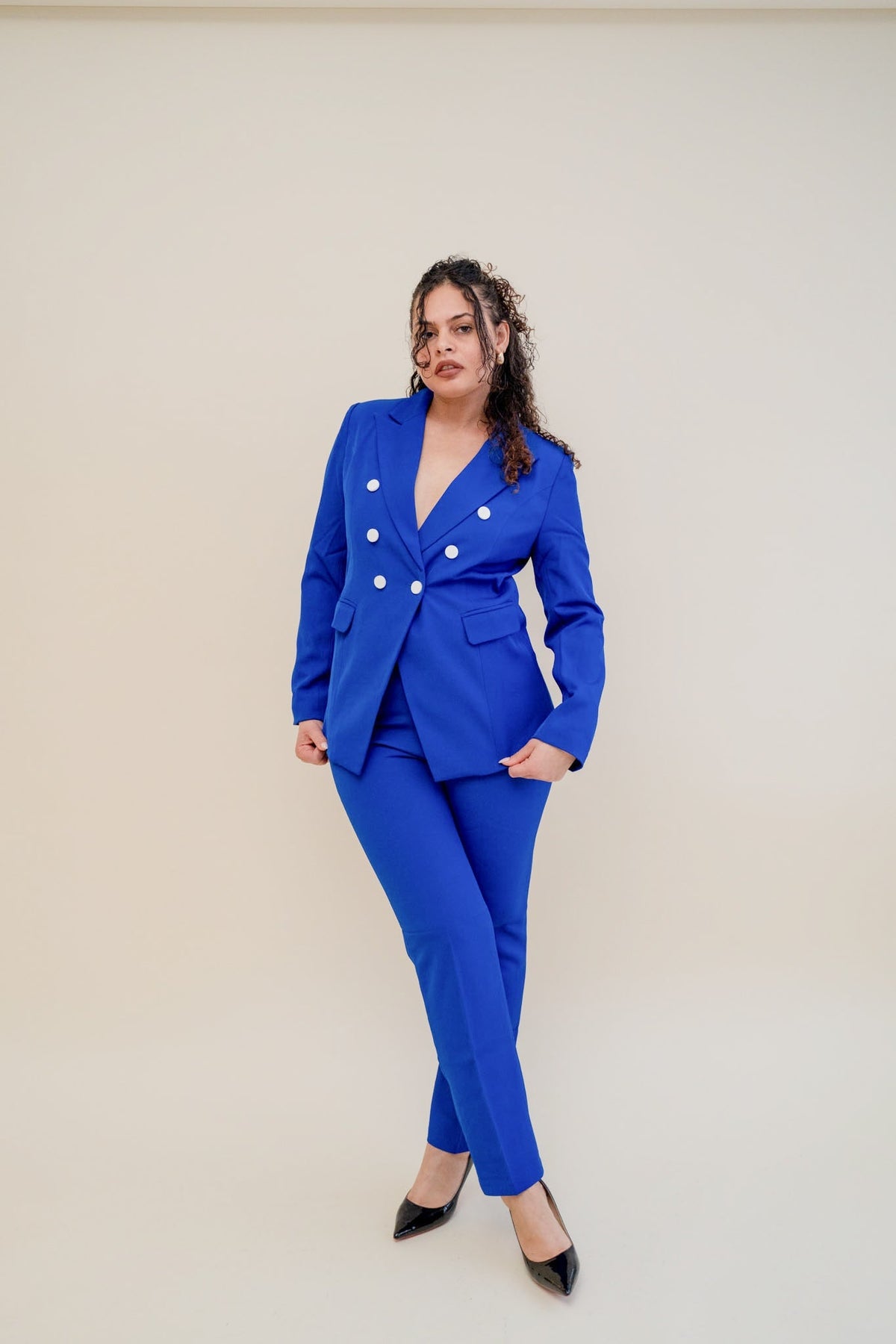 Royal Blue Double Breasted 2-Piece Trouser Suit Professional Fit – another front view, worn by a model