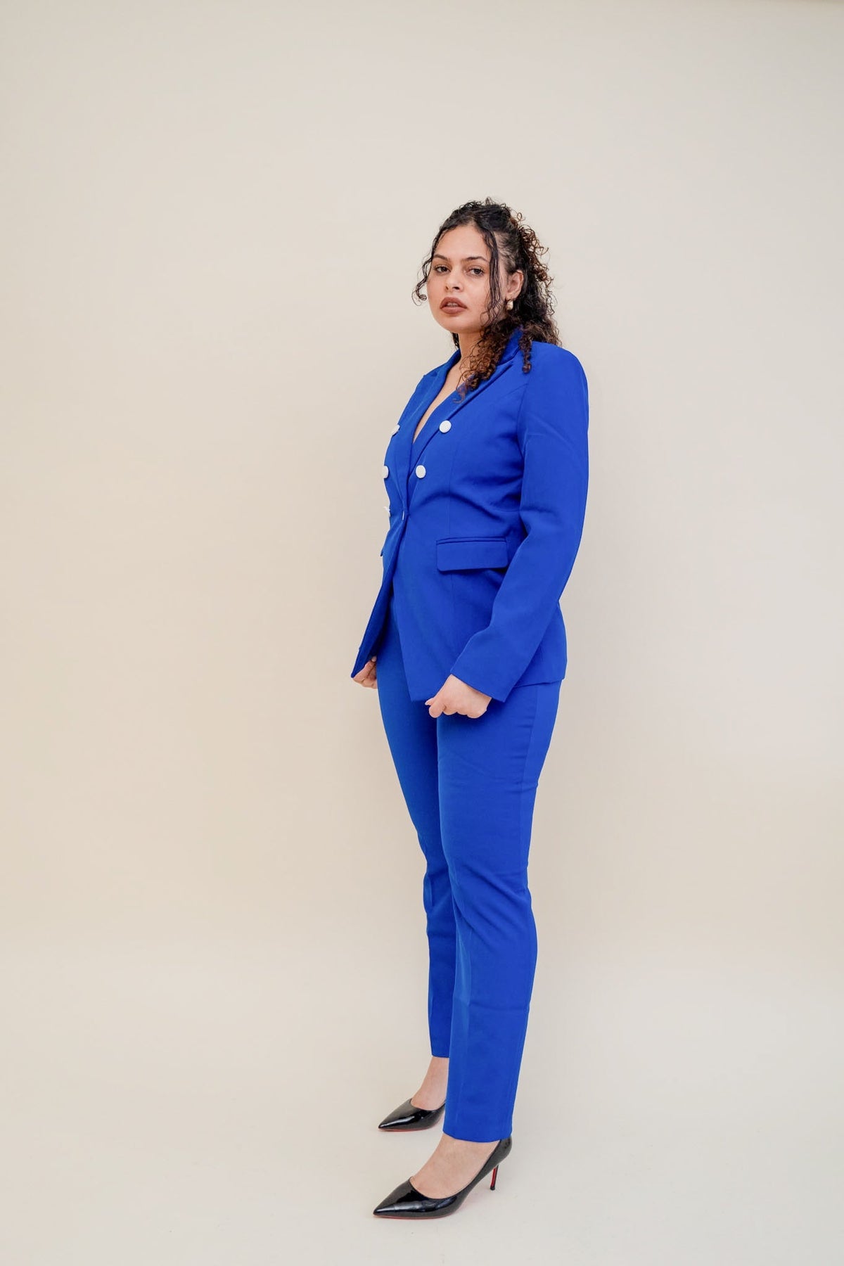 Royal Blue Double Breasted 2-Piece Trouser Suit Professional Fit – side view, worn by a model