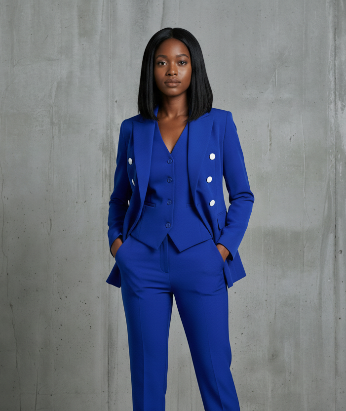 Royal Blue Double Breasted 3-Piece Trouser Suit Elegant Formal – front view, worn by a model
