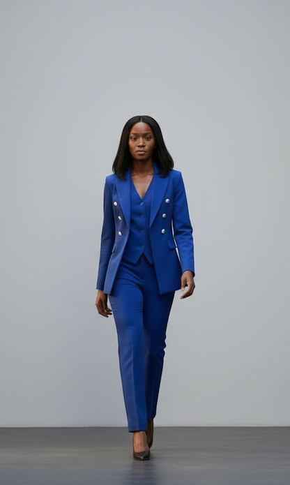 Royal Blue Double Breasted 3-Piece Trouser Suit Elegant Formal – another front view, worn by a model