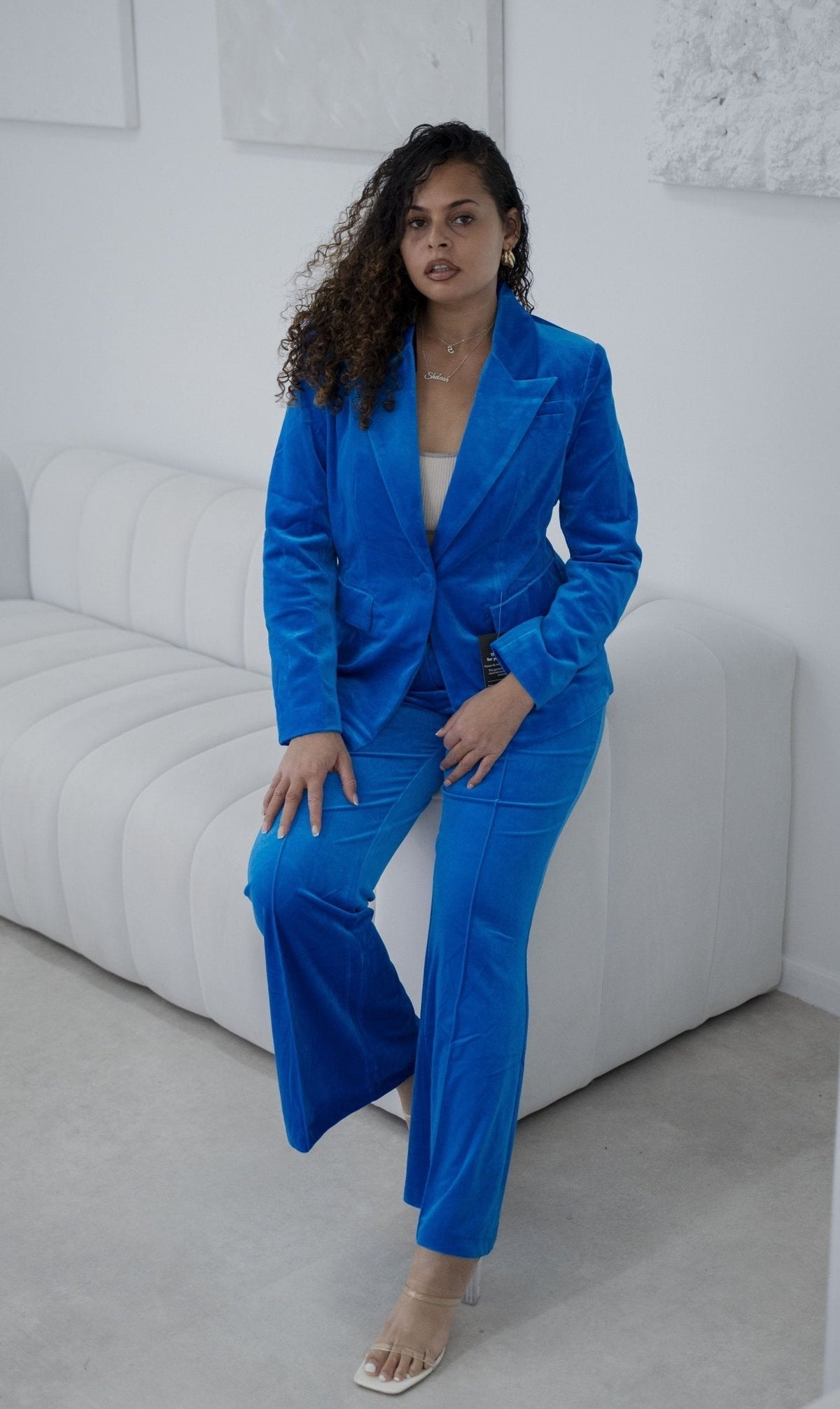 Royal Velvet Wide-Leg Trouser Suit Flared Suit – another styled on a model