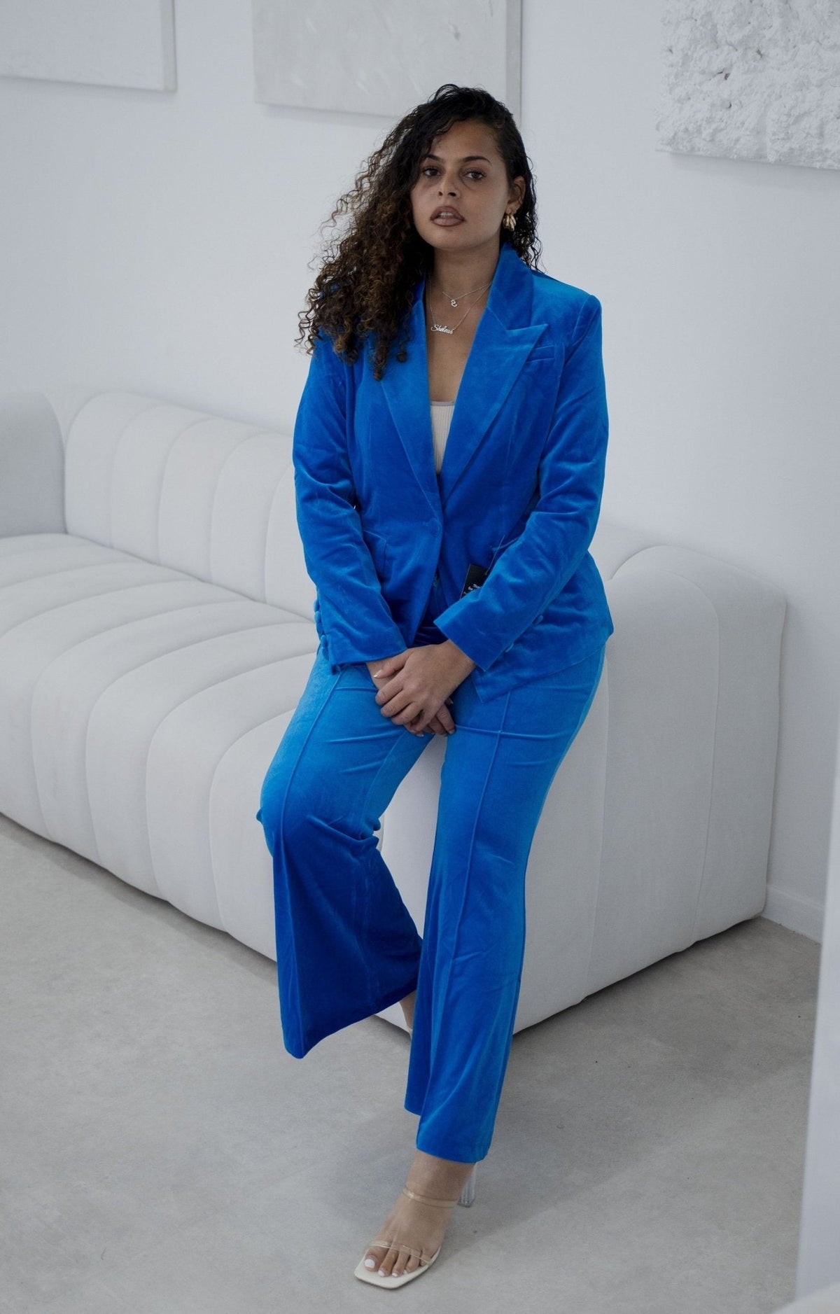 Royal Velvet Wide-Leg Trouser Suit Flared Suit – another styled on a model