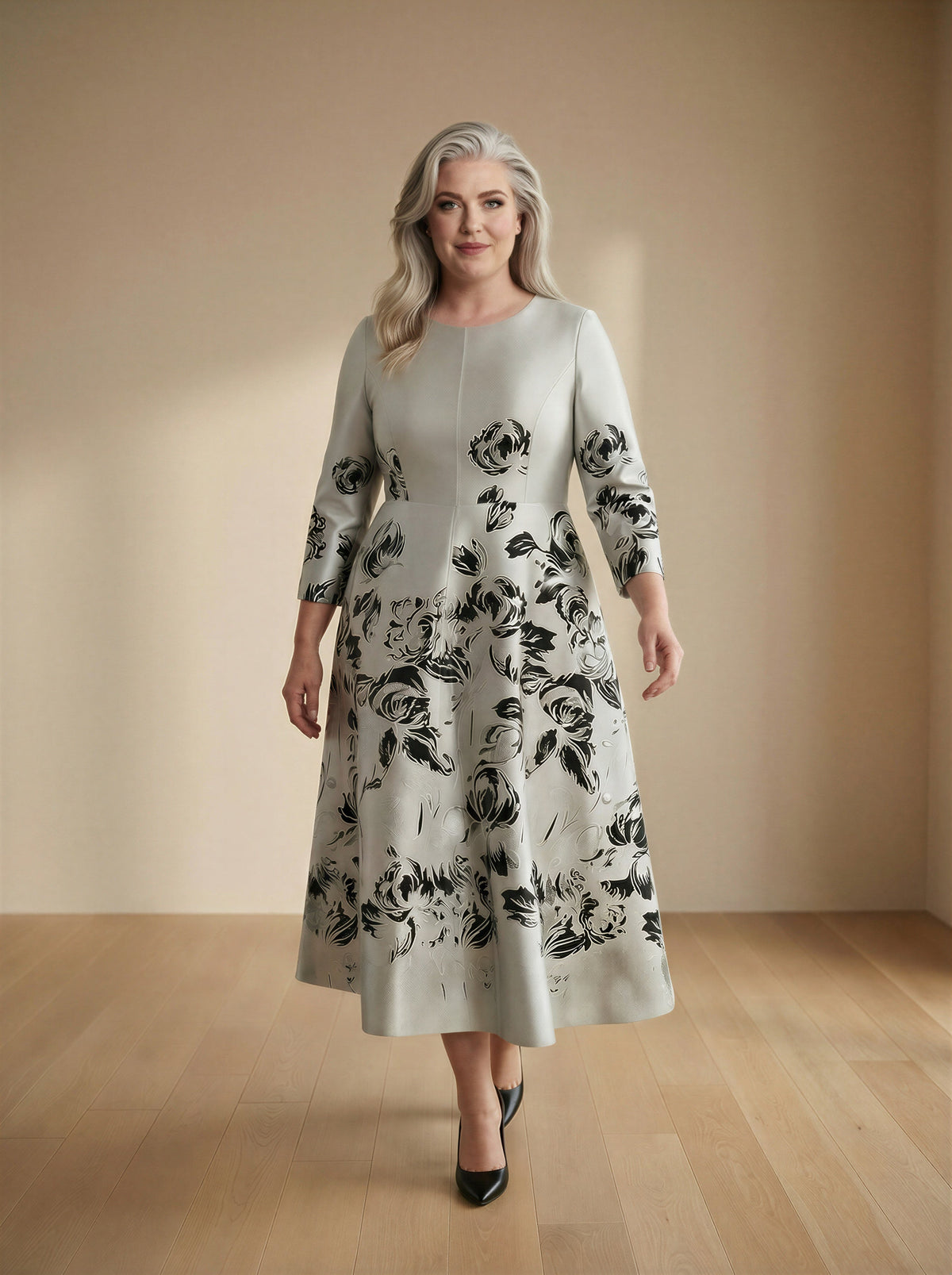 Silver Jacquard A-line Formal Mum Dress Midi Floral Satin – front view, worn by a model