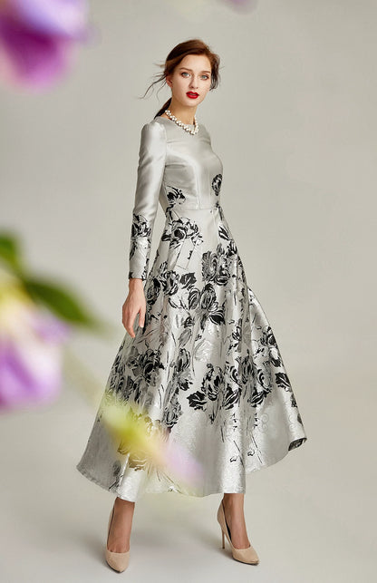 Silver Jacquard A-line Formal Mum Dress Midi Floral Satin – another front view, worn by a model