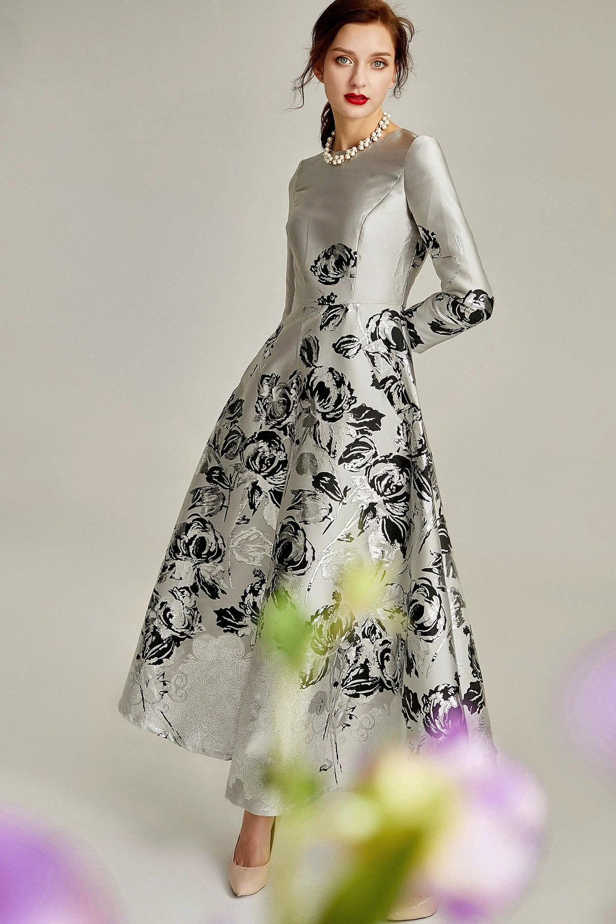 Silver Jacquard A-line Formal Mum Dress Midi Floral Satin – another front view, worn by a model