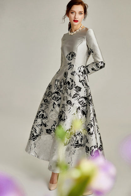 Silver Jacquard A-line Formal Mum Dress Midi Floral Satin – another front view, worn by a model