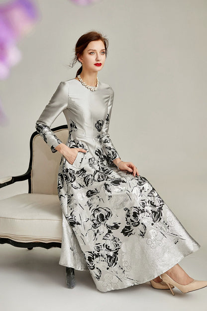 Silver Jacquard A-line Formal Mum Dress Midi Floral Satin – styled on a model