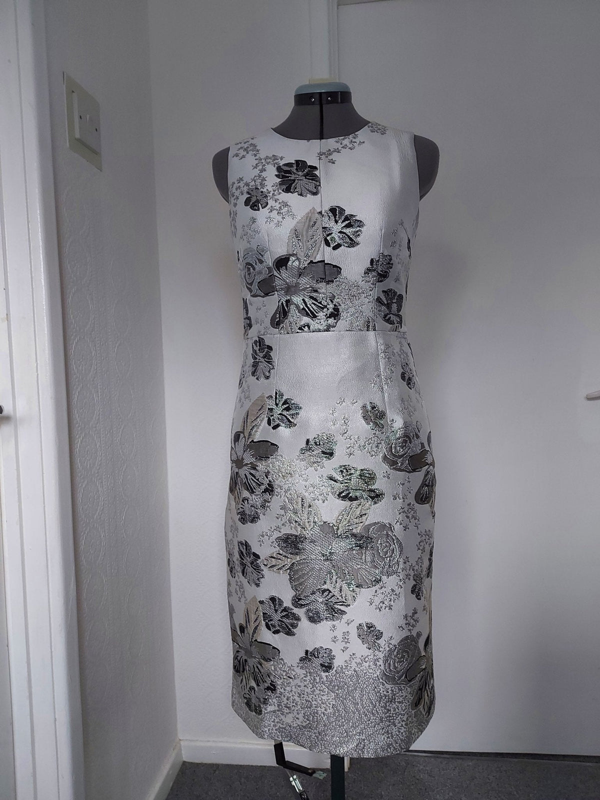 Silver Jacquard Mum Dress with Long Coat Wedding Suit – shown on a dress form