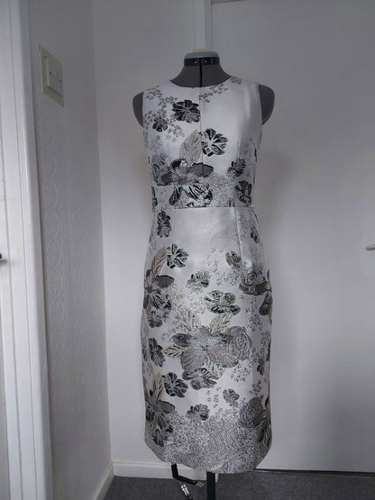 Silver Jacquard Mum Dress with Long Coat Wedding Suit – shown on a dress form