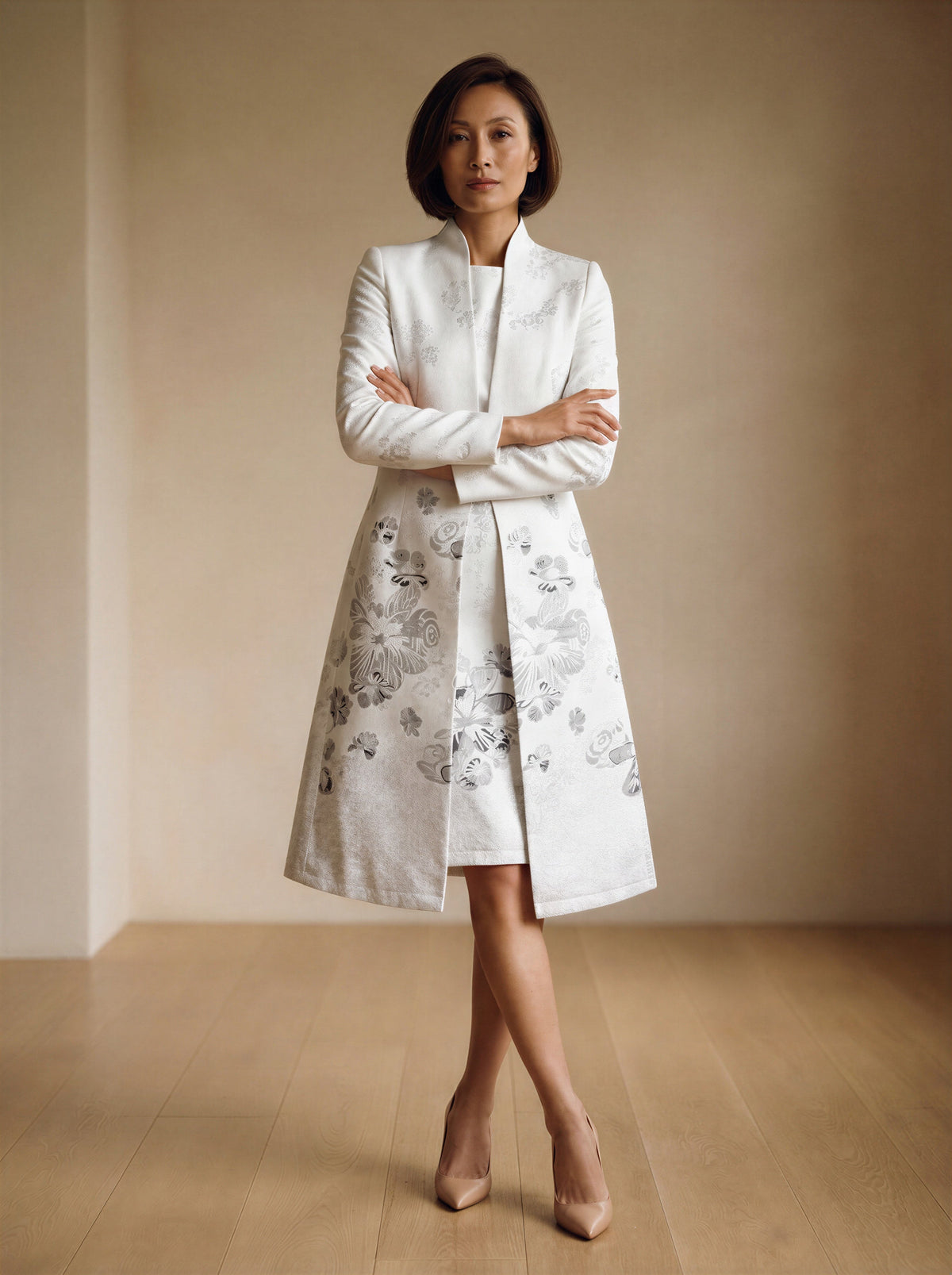Silver Jacquard Mum Dress with Long Coat Wedding Suit – another front view, worn by a model