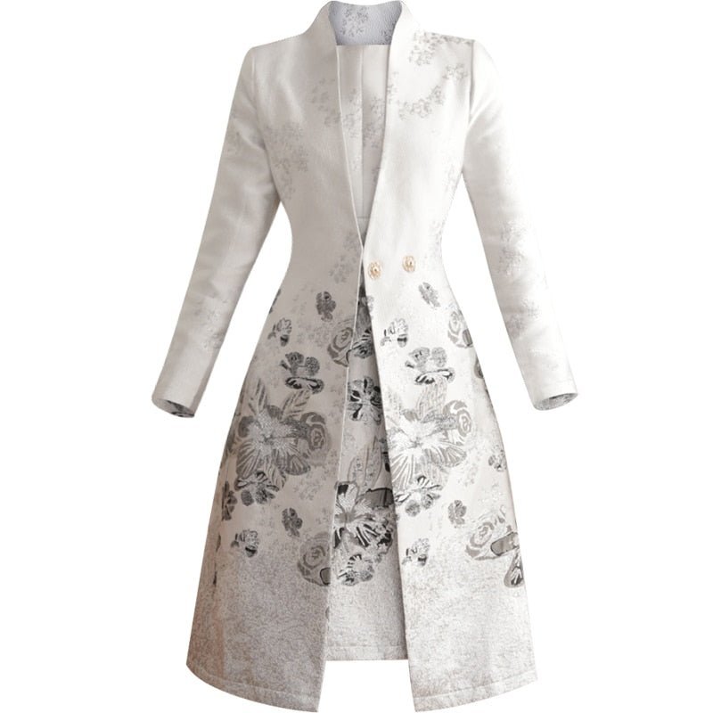 Silver Jacquard Mum Dress with Long Coat Wedding Suit – product shot on a plain background
