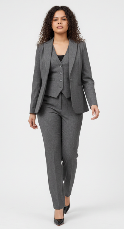 Slate Grey 3-Piece Power Trouser Suit Women’s Blazer Waistcoat Trousers – another front view, worn by a model