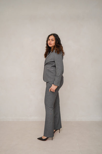 Slate Grey 3-Piece Power Trouser Suit Women’s Blazer Waistcoat Trousers – another front view, worn by a model