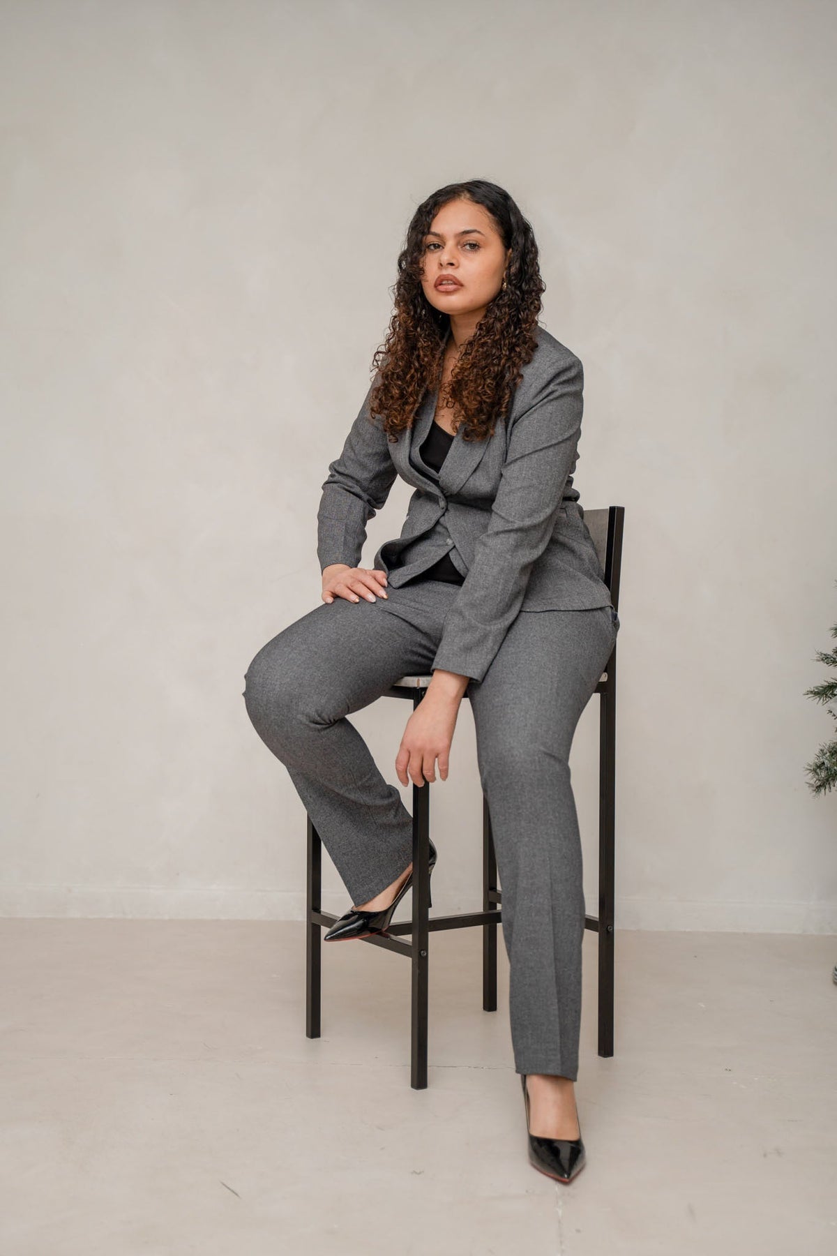 Slate Grey 3-Piece Power Trouser Suit Women’s Blazer Waistcoat Trousers – styled on a model