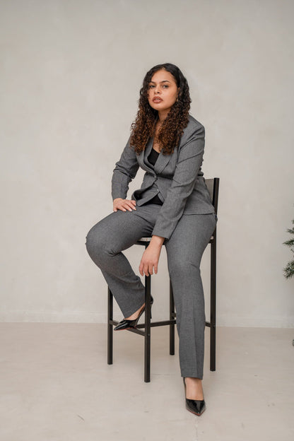 Slate Grey 3-Piece Power Trouser Suit Women’s Blazer Waistcoat Trousers – styled on a model