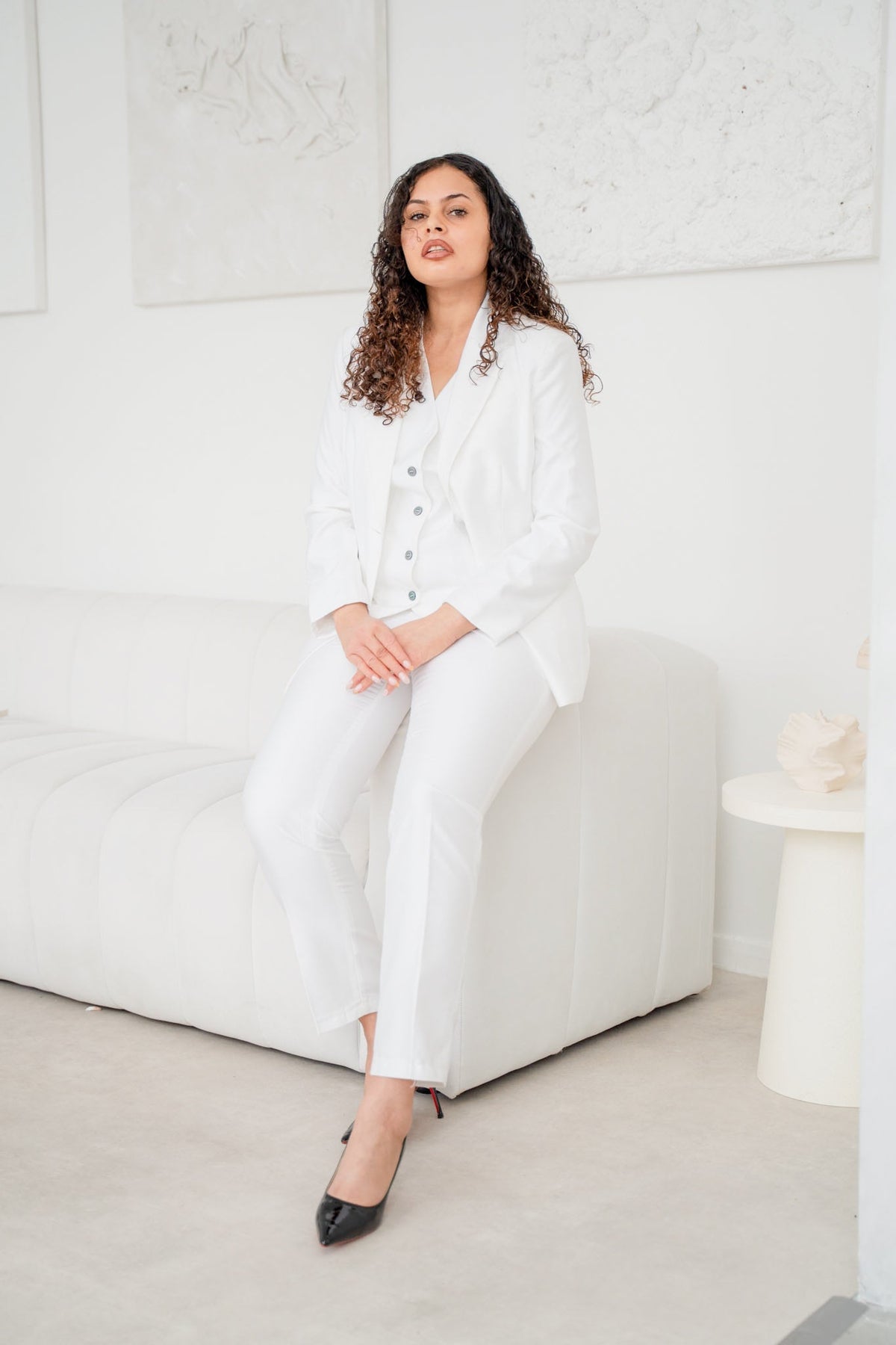 Snow White Spark 3-Piece Women’s Trouser Suit Satin Blazer Set – front view, worn by a model