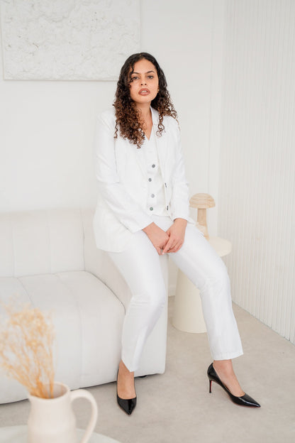 Snow White Spark 3-Piece Women’s Trouser Suit Satin Blazer Set – another front view, worn by a model