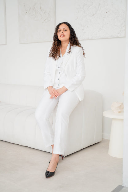 Snow White Spark 3-Piece Women’s Trouser Suit Satin Blazer Set – another front view, worn by a model