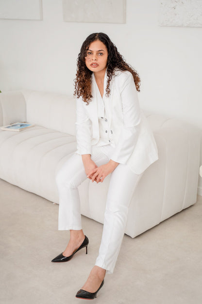 Snow White Spark 3-Piece Women’s Trouser Suit Satin Blazer Set – styled on a model