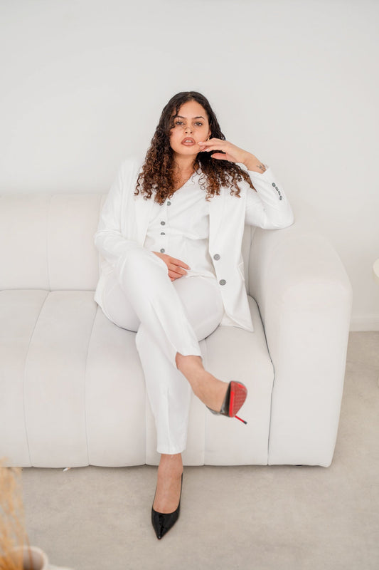 Snow White Spark 3-Piece Women’s Trouser Suit Satin Blazer Set – another styled on a model