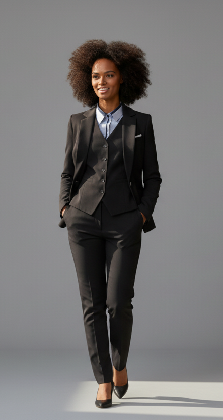 The Black Edit 3-Piece Trouser Suit Tailored Blazer Waistcoat Trousers – another front view, worn by a model
