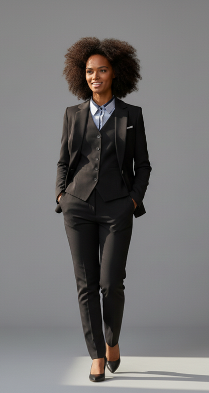 The Black Edit 3-Piece Trouser Suit Tailored Blazer Waistcoat Trousers – another front view, worn by a model