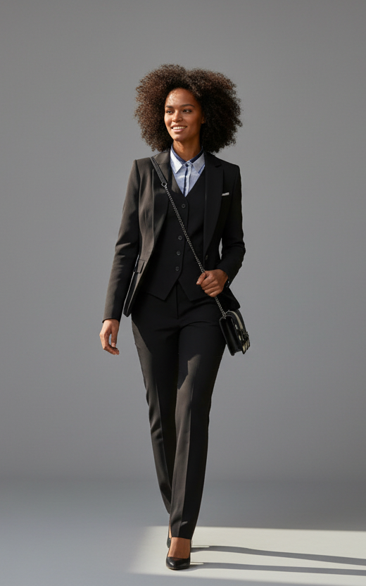 The Black Edit 3-Piece Trouser Suit Tailored Blazer Waistcoat Trousers – another front view, worn by a model