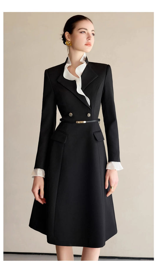 The Contrast-Ruffle Black Dress Tailored A-Line Long Sleeve Ankle-Length – front view, worn by a model