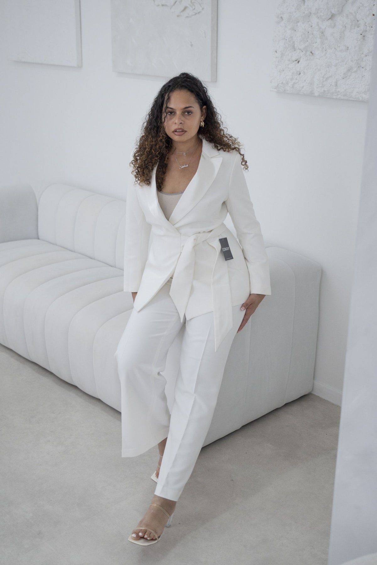 White Belted Wide-Leg Trouser Suit Elegant Women's Suit – front view, worn by a model