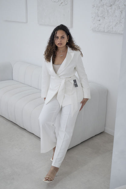 White Belted Wide-Leg Trouser Suit Elegant Women's Suit – front view, worn by a model