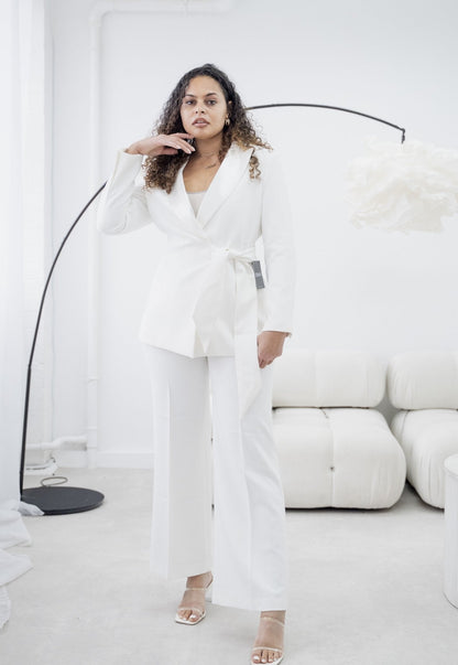 White Belted Wide-Leg Trouser Suit Elegant Women's Suit – another front view, worn by a model