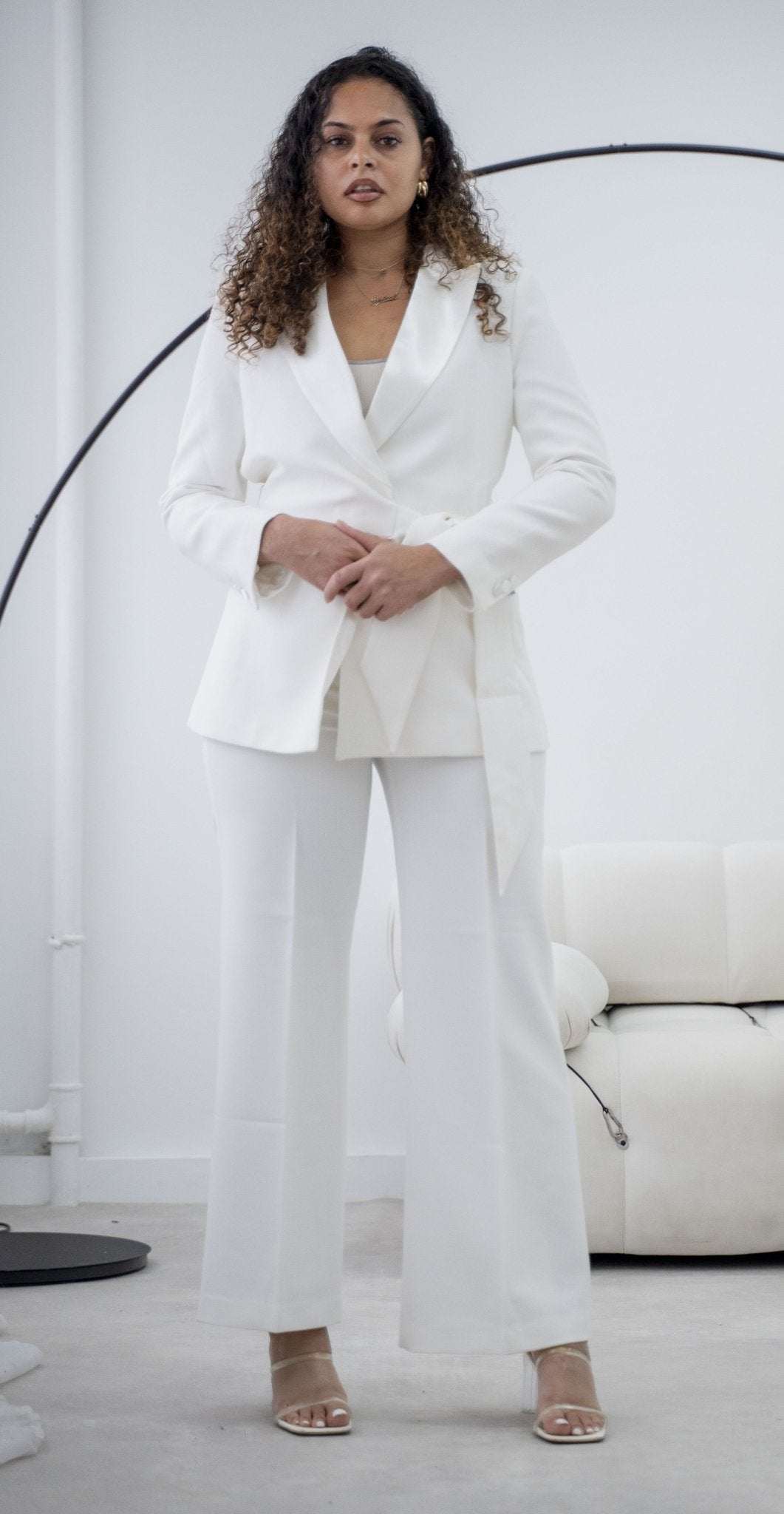 White Belted Wide-Leg Trouser Suit Elegant Women's Suit – another front view, worn by a model