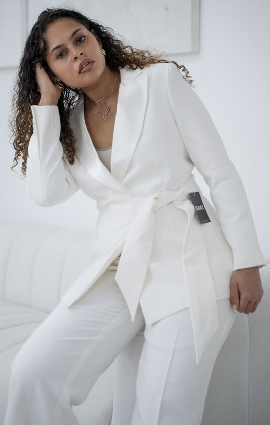 White Belted Wide-Leg Trouser Suit Elegant Women's Suit – styled on a model